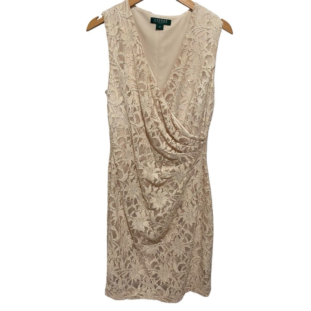 Lauren Ralph Lauren Champagne Floral Lace Sequin Ruched Faux Wrap Dress 12P